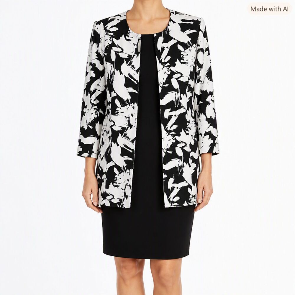 Kasper Black & White Floral Open‑Front Topper Jacket (Duster Coat) – Size 6 – M